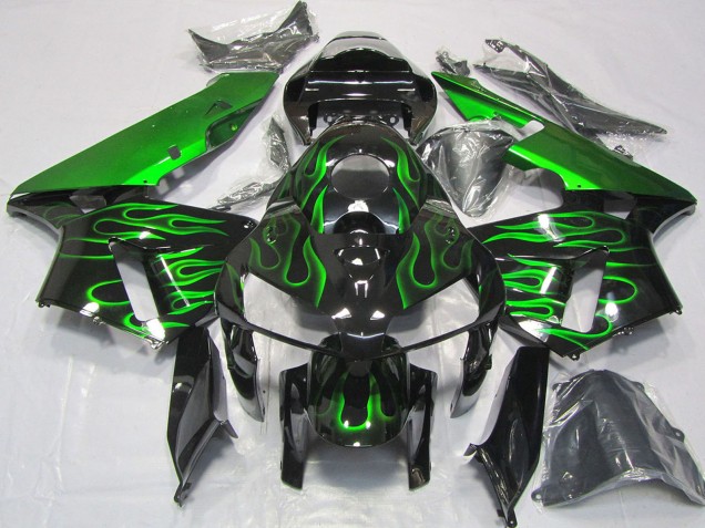 2005-2006 Honda CBR600RR Motorcycle Fairings - Glossy Black Vibrant Green Flame Canada