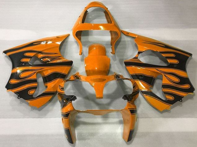 2000-2002 Kawasaki ZX6R Motorcycle Fairings - Orange Black Flame Canada