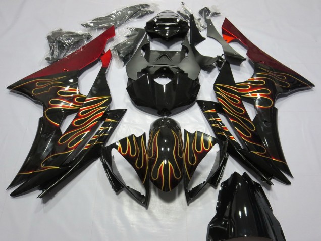 2008-2016 Yamaha R6 Motorcycle Fairings - Red Glossy Black Gold Flame Canada