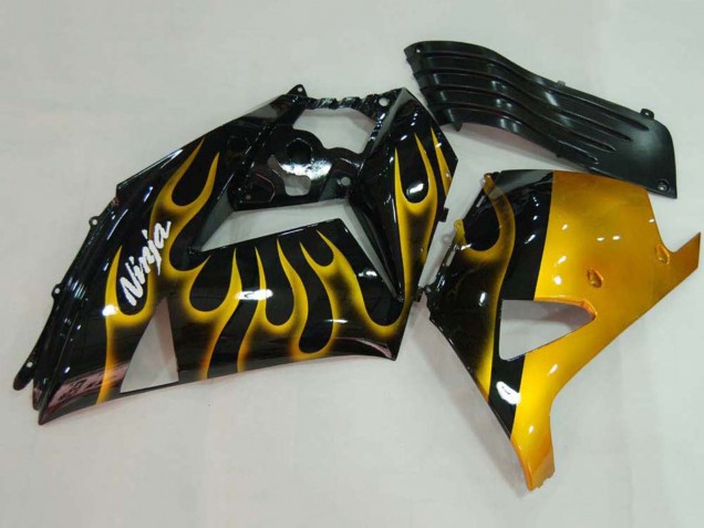 2006-2011 Kawasaki ZX14R ZZR1400 Motorcycle Fairings - Glossy Black Gold Flame Canada