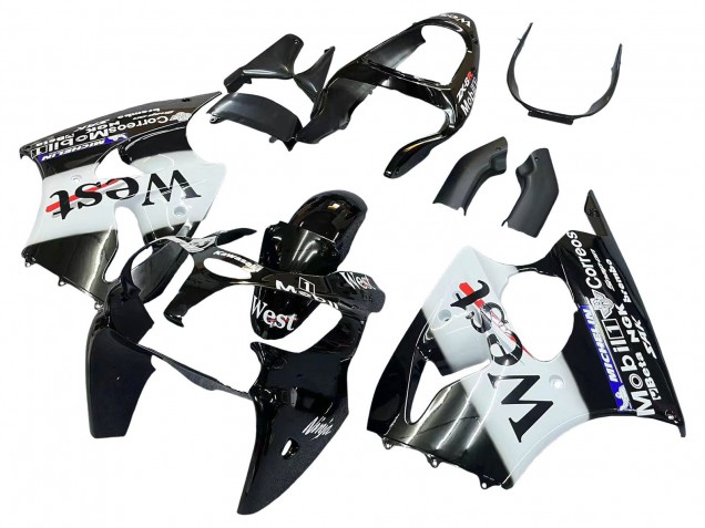 2000-2002 Kawasaki ZX6R Motorcycle Fairings - Glossy Black White West Michelin Canada