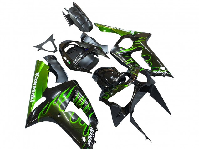2003-2004 Kawasaki ZX6R Motorcycle Fairings - Glossy Black Green Flame Canada