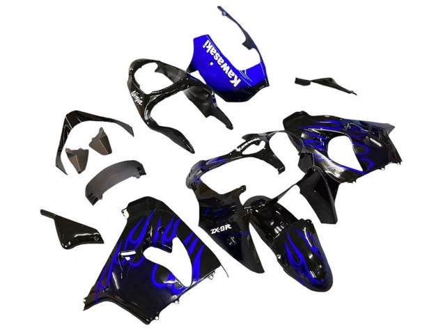 2000-2001 Kawasaki ZX9R Motorcycle Fairings - Glossy Black Blue Flame White Canada
