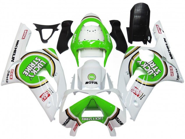 2003-2004 Kawasaki ZX6R Motorcycle Fairings - White Green Motul Lucky Strike Canada
