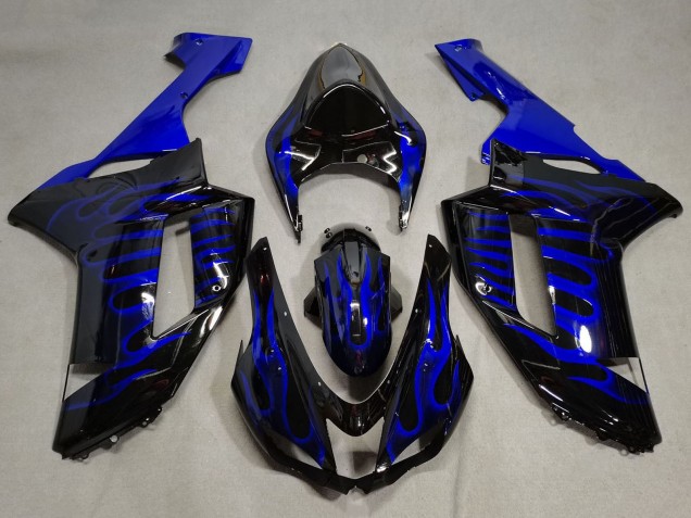 2007-2008 Kawasaki ZX6R Motorcycle Fairings - Black Blue Flame Canada