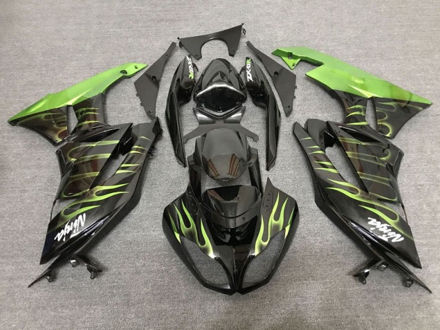 2007-2008 Kawasaki ZX6R Motorcycle Fairings - Black Light Green Flame Canada