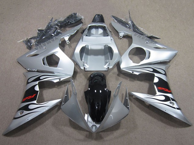 2003-2004 Yamaha YZF R6 Motorcycle Fairings - Silver Glossy Black Flame Canada